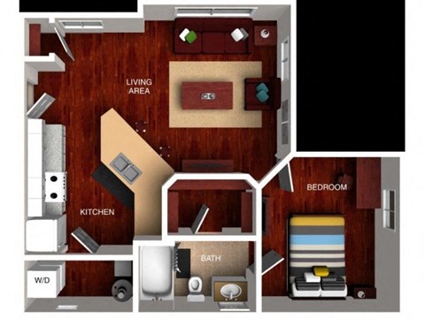 Floor plan for 1 bed, 1 bath, 594 sqft